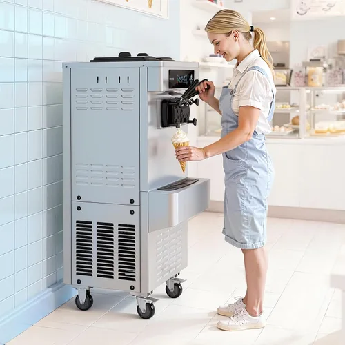 Vista 8 de VEVOR Máquina de helados comercial, 20-28L/H de rendimiento 2200 W, máquina de helado suave independiente con 3 sabores, 2 tolvas de 6 L, bomba