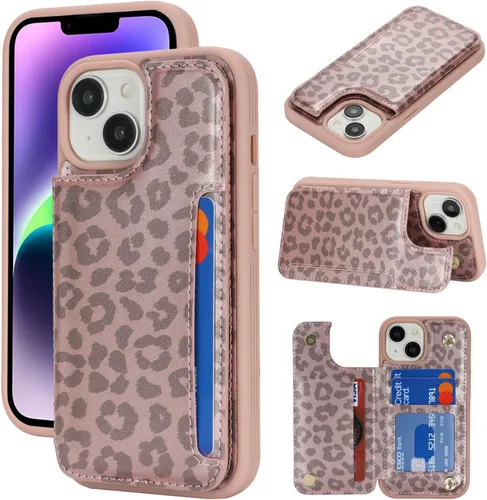 Vista 14 de iCoverCase Funda protectora de piel sintética compatible con iPhone 14 Plus con tarjetero, para mujeres y hombres, bloqueo RFID, funda protectora