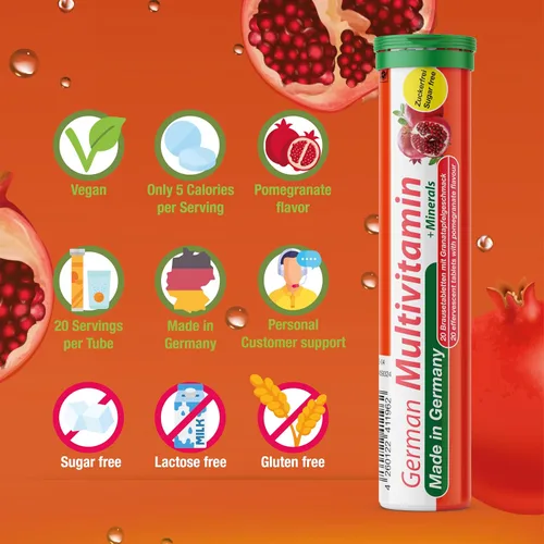 Vista 5 de T&D German Multvitamin + Minerals 10 Vitaminas 2 Minerales - 100 tabletas efervescentes de bebida vegana - Sabor a granada - Hecho en Alemania