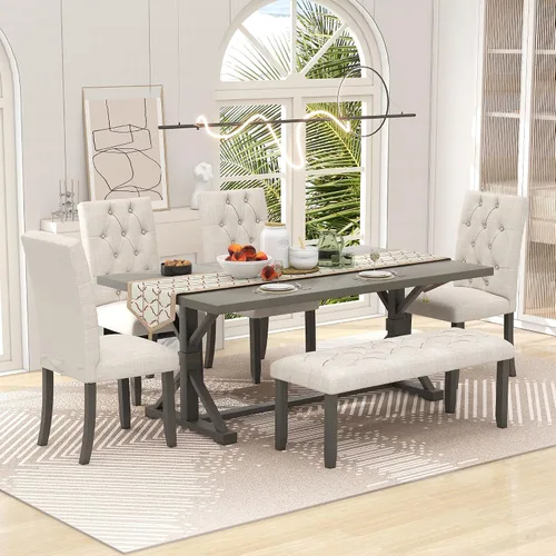 Vista 18 de LUMISOL Farmhouse - Juego de mesa de comedor de 6 piezas con banco, marrón + blanco lavado