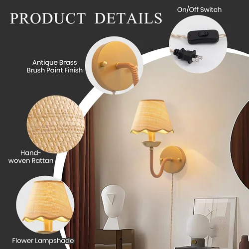 Vista 7 de Aplique de Pared de Ratán, Lámpara de Pared Boho Tejida a Mano en Oro, Iluminación de Aplique de Ratán Moderna y Rústica, Lámparas de Pared