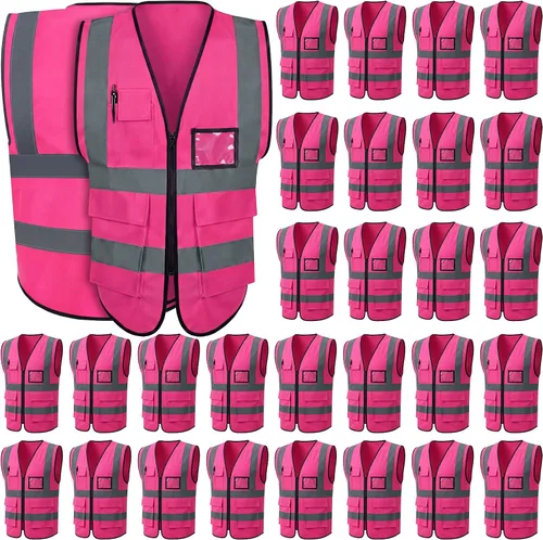 Vista 10 de Leumoi Paquete de 30 chalecos de seguridad reflectantes con bolsillos y cremallera de alta visibilidad para mujeres y hombres para el trabajo
