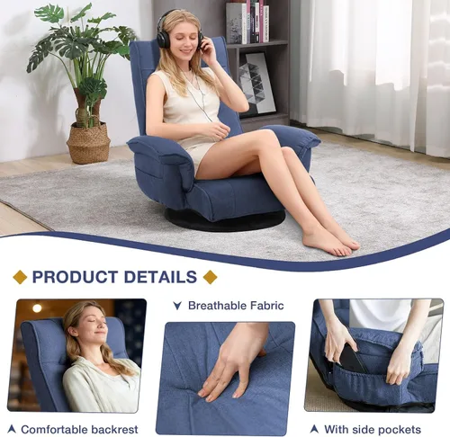 Vista 6 de Linen Fabric Ergonomic Gaming Chair, 6-Position Reclining Sofa Bed with Lumbar Support, Foldable Floor Lounger with Thick Cushion, Armrests & Side