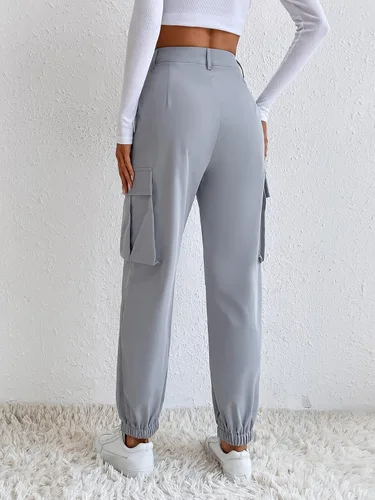 Vista 2 de MakeMeChic Pantalones cargo casuales de cintura alta para mujer con bolsillos