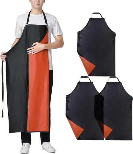Vista 8 de Delantal unisex impermeable de goma y vinilo resistente a químicos para lavar platos, limpieza, carnicería, aseo de perros Negro