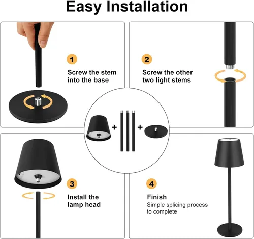 Vista 6 de Lámpara de mesa inalámbrica de metal, lámpara de batería recargable de 5000 mAh con 3 secciones de altura ajustable (8.8 a 20 pulgadas), control