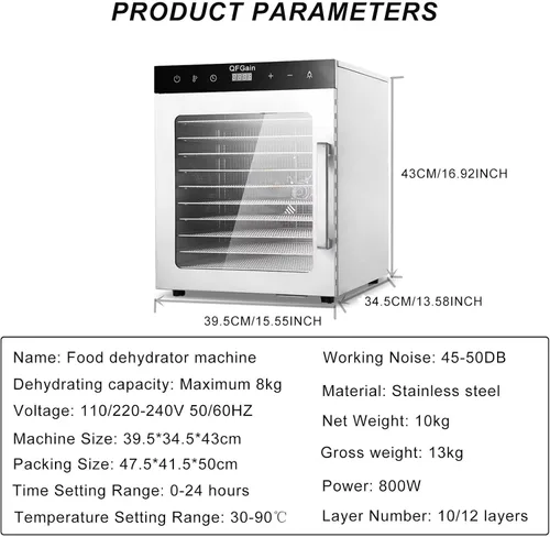 Vista 8 de Deshidratador de alimentos de 800 W, bandejas de acero inoxidable 10/12, secadora eléctrica para frutas, con ajuste digital de temperatura y 110 V