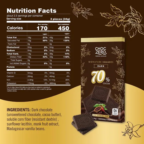 Vista 2 de ChocZero™ Chocolate sin azúcar, sin azúcares alcohólicos y sin endulzantes artificiales, todo natural, bajo en carbohidratos – 6 bolsas 70%