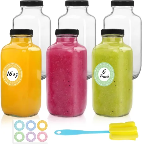 Vista 9 de NEWMIAO 3 paquete de 8 onzas Botellas de jugo de vidrio con tapas, 250 ml Botellas de agua de vidrio reutilizables, recipientes de bebida vacíos