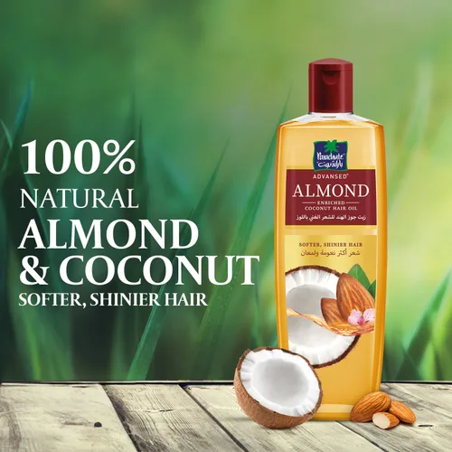 Vista 4 de Aceite para el cabello de almendra y coco Parachute Advansed Para cabello suave y sedoso Aumenta el brillo y la suavidad Sin parabenos ni