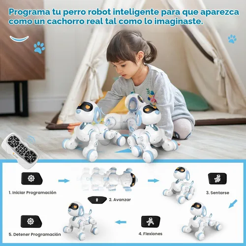 Vista 4 de Perro robot, perro a control remoto para niños con detección táctil de cabeza y función de música, robot interactivo programable, divertido juguete