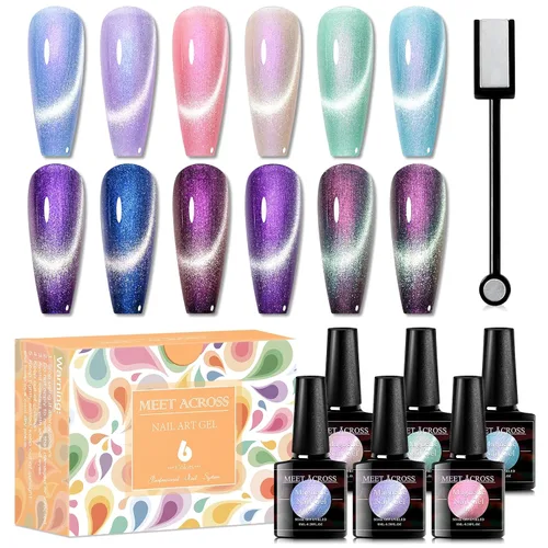 Vista 8 de MEET ACROSS Colorful Clouds - Juego de esmaltes de uñas de gel de ojo de gato, kit de manicura con luz LED UV, 6 colores con barra magnética