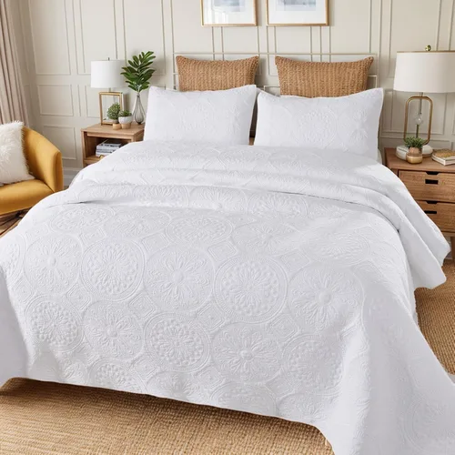Vista 2 de Brandream juego de cama de lujo de 3 piezas, color blanco, de gran tamaño, juego de edredón, tamaño queen