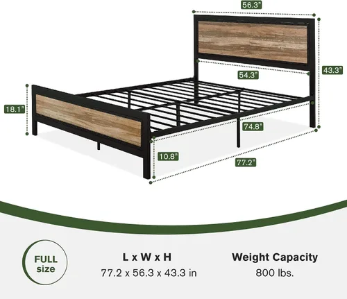 Vista 2 de MUTICOR Base de cama matrimonial con cabecera de madera, plataforma de estilo industrial con decoración de remaches y diseño esmerilado, base