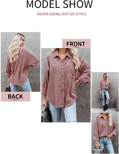 Vista 2 de Magritta Camisas de manga larga con cuello en V y botones para mujer, blusas de gran tamaño con bolsillos