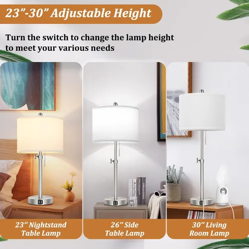 Vista 3 de Kondras Juego de 2 lámparas de mesa para dormitorio, lámpara de noche con 2 puertos USB, lámpara de mesa alta ajustable de 23 a 30 pulgadas