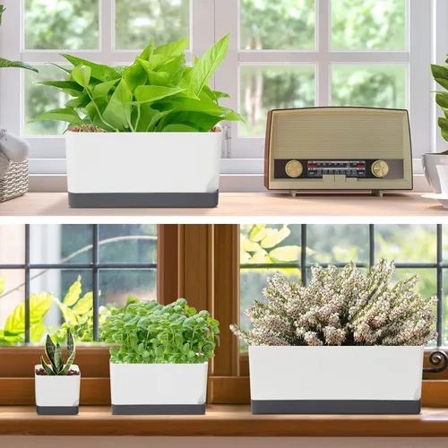 Vista 6 de Macetas de riego automático en macetas para plantas de interior, paquete de 7 unidades de 4+8+17 pulgadas, macetas de ventana de plástico, maceta