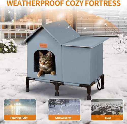 Vista 3 de Casa de gatos al aire libre aislada resistente al agua para invierno refugio para gatos salvajes con fondo elevado diseño auto-calentamiento a