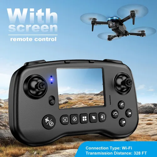 Vista 2 de Dron con cámara - Drone con pantalla en el controlador para principiantes, cuadricóptero de control remoto plegable con control de gestos, giro 3D
