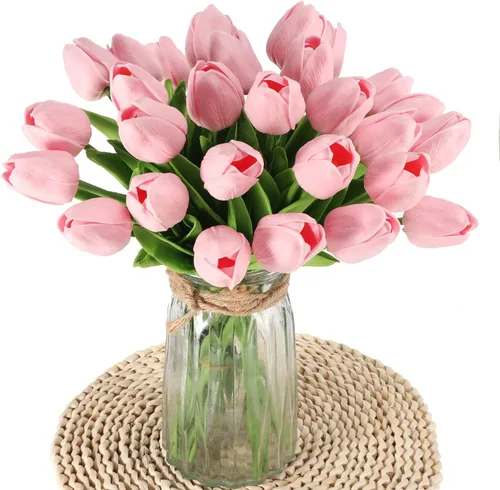 Vista 8 de 30 tulipanes reales al tacto, flores de poliuretano, tulipanes artificiales para arreglos de boda, fiesta, Pascua, primavera, hogar, comedor, Rosa