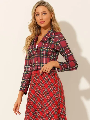 Vista 4 de Allegra K Blazer corto de tartán de tartán elástico con solapa con muescas para mujer