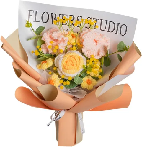 Vista 7 de Gralara Ramo de flores de ganchillo hecho a mano, flores artificiales, decoración del hogar, centro de mesa, plantas sintéticas para cumpleaños
