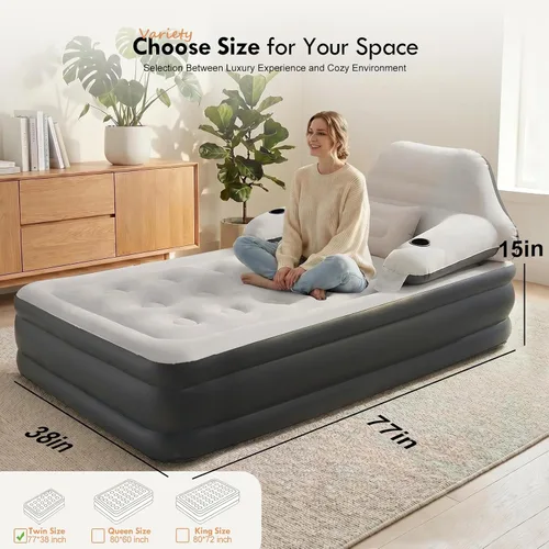 Vista 6 de DIMAR GARDEN Colchón de aire tamaño individual con cabecero y bomba, colchón hinchable cama inflable con almohadas