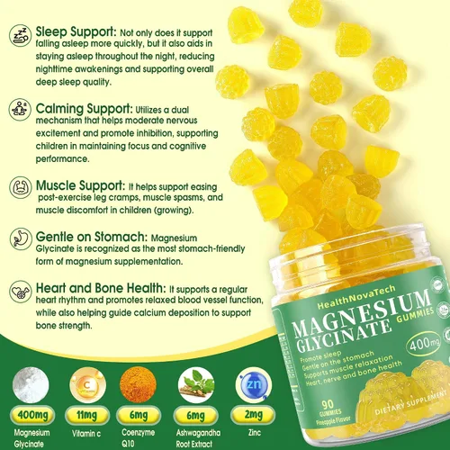 Vista 2 de Gomitas de glicinato de magnesio de 400 mg con Ashwagandha, CoQ10, zinc y vitamina C – Mujeres, hombres, adultos y niños mayores de 4 años – Gomitas