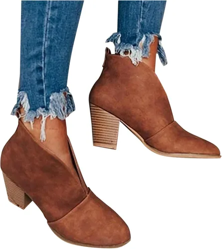 Vista 5 de Botas para mujer, botas de plataforma retro sin cordones con corte en V para mujer, botas de tobillo con punta puntiaguda, botas cortas casuales