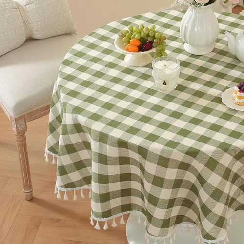 Vista 2 de Laolitou Mantel redondo a cuadros verde, de lino y algodón, con borla, a cuadros de búfalo, lavable, mantel de gingham para sala de estar
