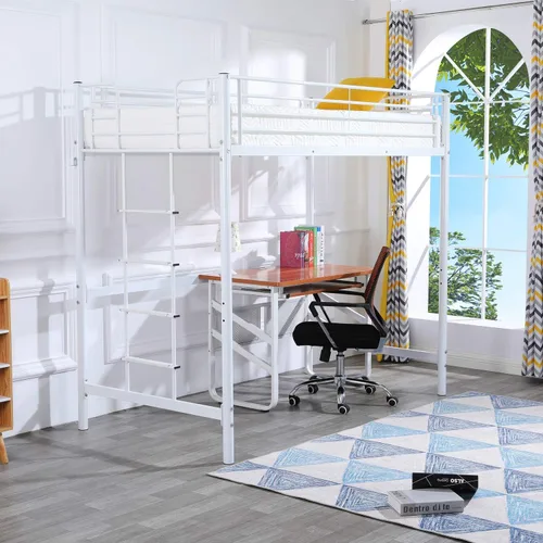 Vista 7 de Bonnlo Cama alta de metal con escaleras y peldaño plano, cama junior de tamaño matrimonial alta para niños, adolescentes y adultos, no requiere
