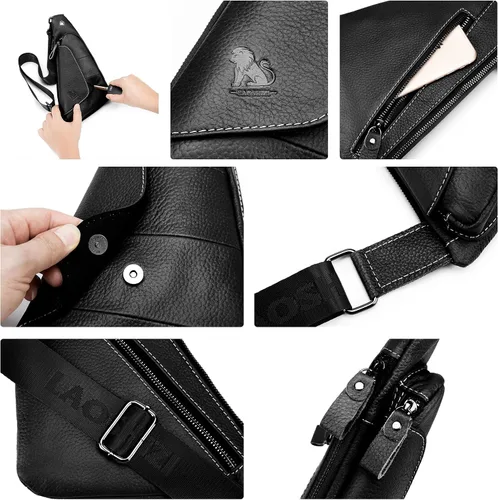 Vista 5 de pundarika Bolso bandolera de cuero genuino para hombres y mujeres, mochila cruzada casual, bolsa de hombro pequeña, bolsa de pecho