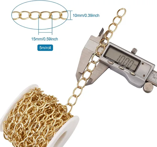 Vista 6 de FASHEWELRY Cadena de eslabones de aluminio de 16.4 pies sin soldar, rollo de cadenas de eslabones dorados con carrete para hacer collares, joyas