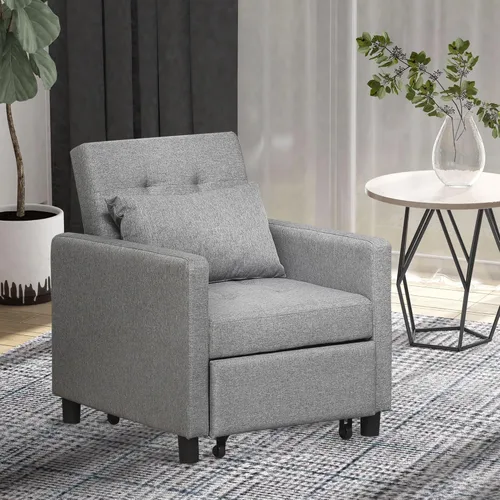 Vista 3 de HOMCOM Sofá convertible tumbona de cama multifuncional reclinable con tela tapizada copetuda, respaldo de ángulo ajustable y almohada, color gris