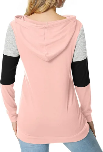 Vista 4 de CATHY Sudadera casual con cordón para mujer manga larga bloque de color sudadera con capucha y bolsillo