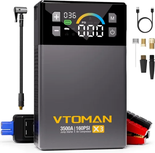 Vista 10 de VTOMAN Arrancador de salto X3 con compresor de aire, batería de coche portátil de 3500 A (motores diésel de 9 L/8.5L) con inflador de neumáticos