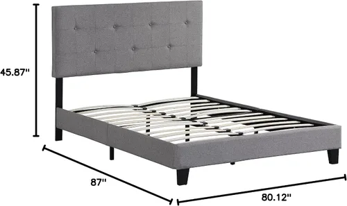 Vista 2 de Base de cama tamaño King, moderna cama tapizada con cabecero, base de cama pesada con soporte de listones de madera, fácil montaje, no necesita