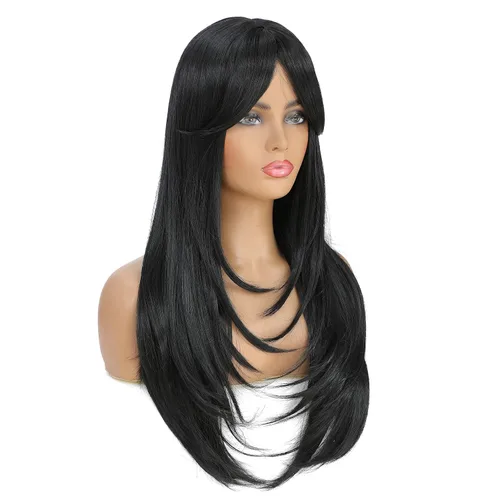 Vista 3 de SWACC Peluca de pelo sintético con flequillo largo en capas para mujeres con gorra de peluca (negro)