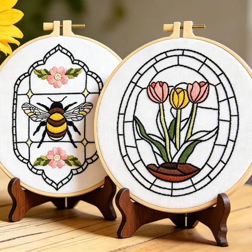 Vista 2 de Armindou Kits de bordado de flores y abejas para adultos principiantes, juego de bordado floral a mano con aguja, kits de punto de cruz estampado