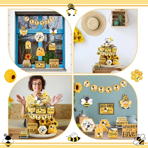 Vista 5 de 15 piezas de decoración de bandeja escalonada de verano de abeja de miel, mini letrero de madera de madera, bandejas decorativas de primavera