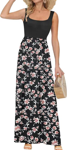 Vista 26 de AUSELILY Vestido largo con cuello cuadrado para mujer, sin mangas, floral, holgado, con bolsillos