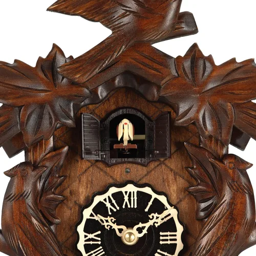 Vista 4 de Kintrot – Reloj de cuco, reloj de pared artesanal de madera de bosque negro tradicional con péndulo de hoja de arce, cuarzo, 12 melodías, sensor