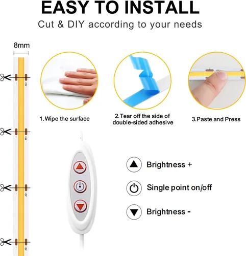 Vista 6 de Tira de luces LED COB USB para TV, 5 V alimentadas por USB, luces LED regulables, luz blanca cálida, 3.3 pies, 320 LED/M, 3000 K, tira de luz