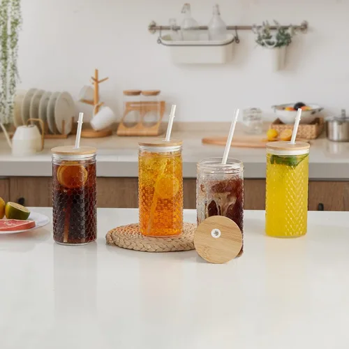 Vista 5 de Hyperspace Paquete de 4 vasos de vidrio con tapas y pajitas de bambú, 24 onzas de boca ancha, botellas de viaje con variedad de patrones para uso