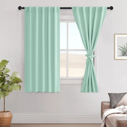 Vista 63 de Hiasan Cortinas opacas negras para dormitorio, cortinas opacas cortas de 45 pulgadas de largo, con aislamiento térmico, bolsillo para barra
