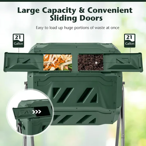 Vista 4 de Goplus Contenedor de compostaje de doble cámara para exteriores de 42 galones con 2 puertas corredizas, marco de metal resistente, compostador