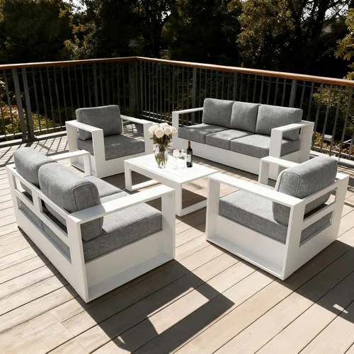 Vista 20 de LayinSun - Juego de muebles de exterior de aluminio de gran tamaño de 5 piezas con mesa auxiliar Negro/Gris oscuro