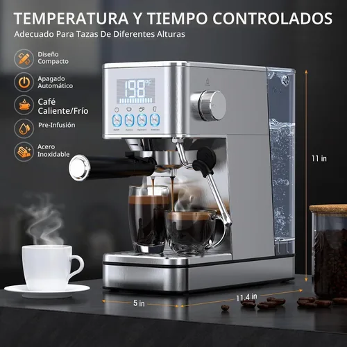Vista 3 de LERTIN - Cafetera de expreso de 20 bares, compacta, de acero inoxidable, con varita espumadora de vapor, tanque de agua extraíble de 57.5 oz