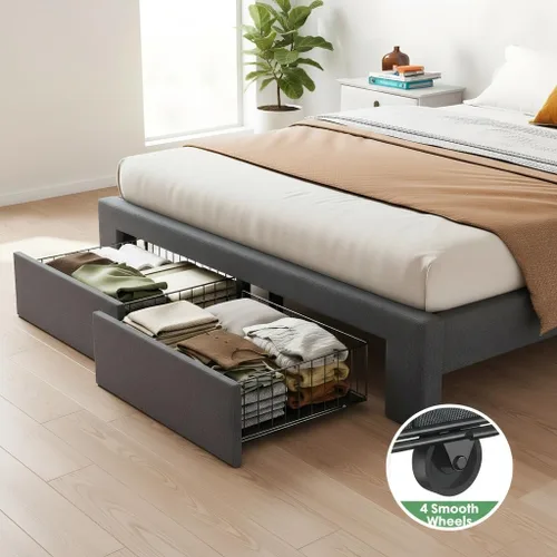 Vista 3 de Pipishell Base de cama tamaño Queen tapizada con 2 cajones de almacenamiento, cabecera ajustable, plataforma de madera maciza, 12 patas de soporte