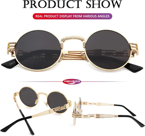 Vista 5 de AIEYEZO Round Steampunk Sunglasses for Men Women Retro Circle Hippie Glasses Metal Frame 100% UV Blocking Lens